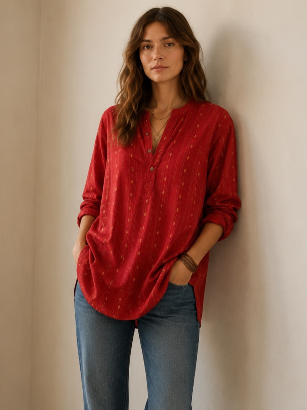 Anouk by Myntra Red Gold Metallic Thread Long Tunic Top XL